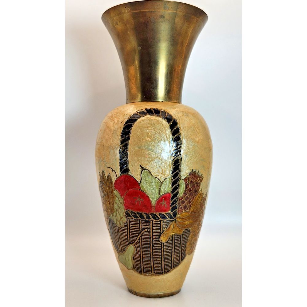 Vintage Enamel onโ Brass Vase w/ Removable Neck Fruit Basket Design Hand Made